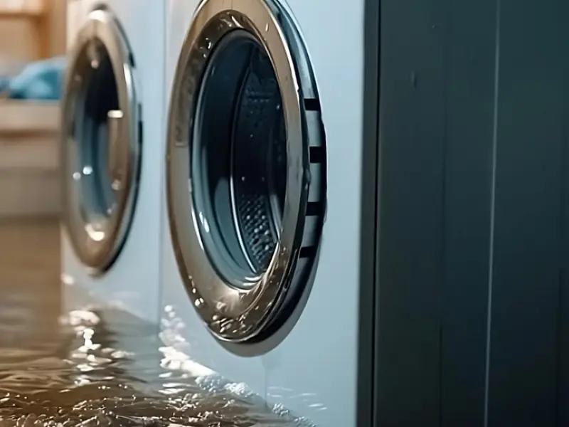 Flooded laundry room with water around a washer and dryer