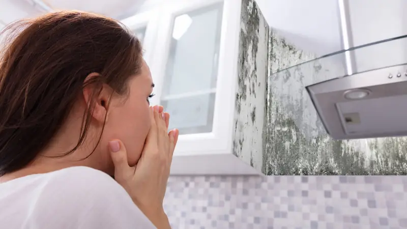 Woman reacting to mold on kitchen cabinets