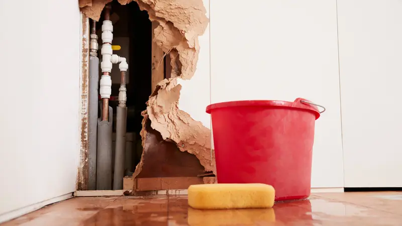 Burst pipe behind an open wall with a bucket and water on the floor