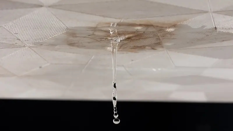 Water dripping from a stained ceiling tile