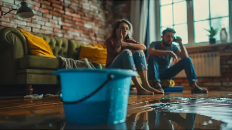 Homeowners sitting in a living room with water on the floor