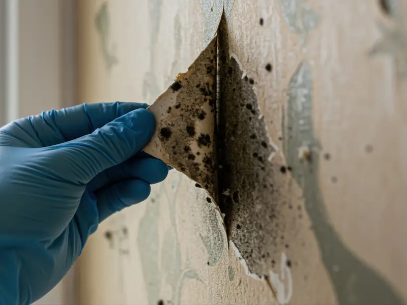 Gloved hand peeling back wall covering to check for mold