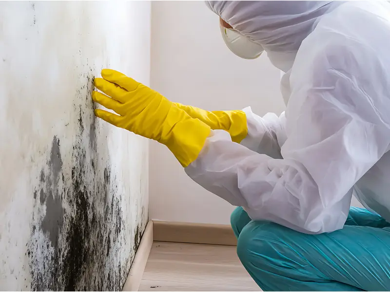 Technician in protective gear cleaning mold from a wall