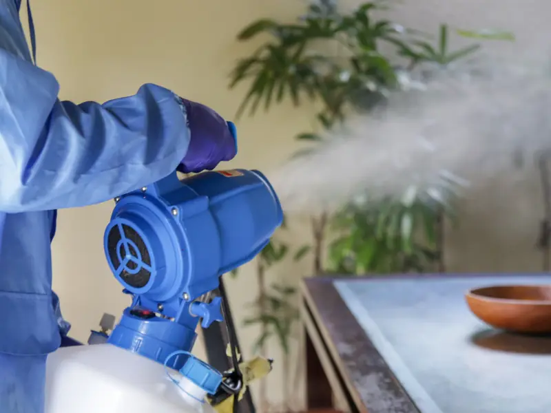 Technician using a fogging sprayer to sanitize a room