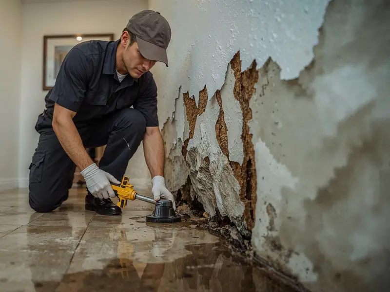 Worker repairing a water-damaged wall with peeling paint