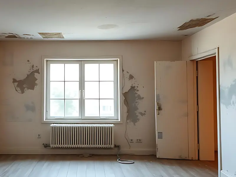 Empty rental room with damaged walls and peeling paint