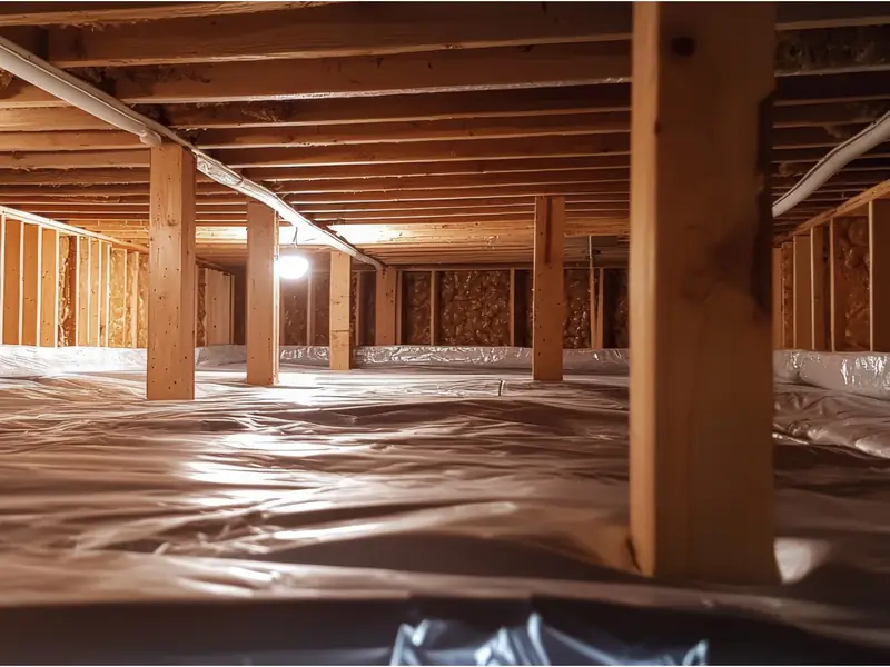 Crawl space lined with a plastic vapor barrier under wood joists