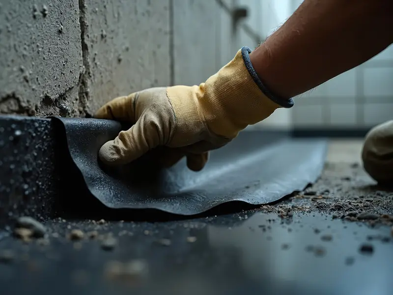 Gloved hand pressing a waterproofing membrane against a concrete wall